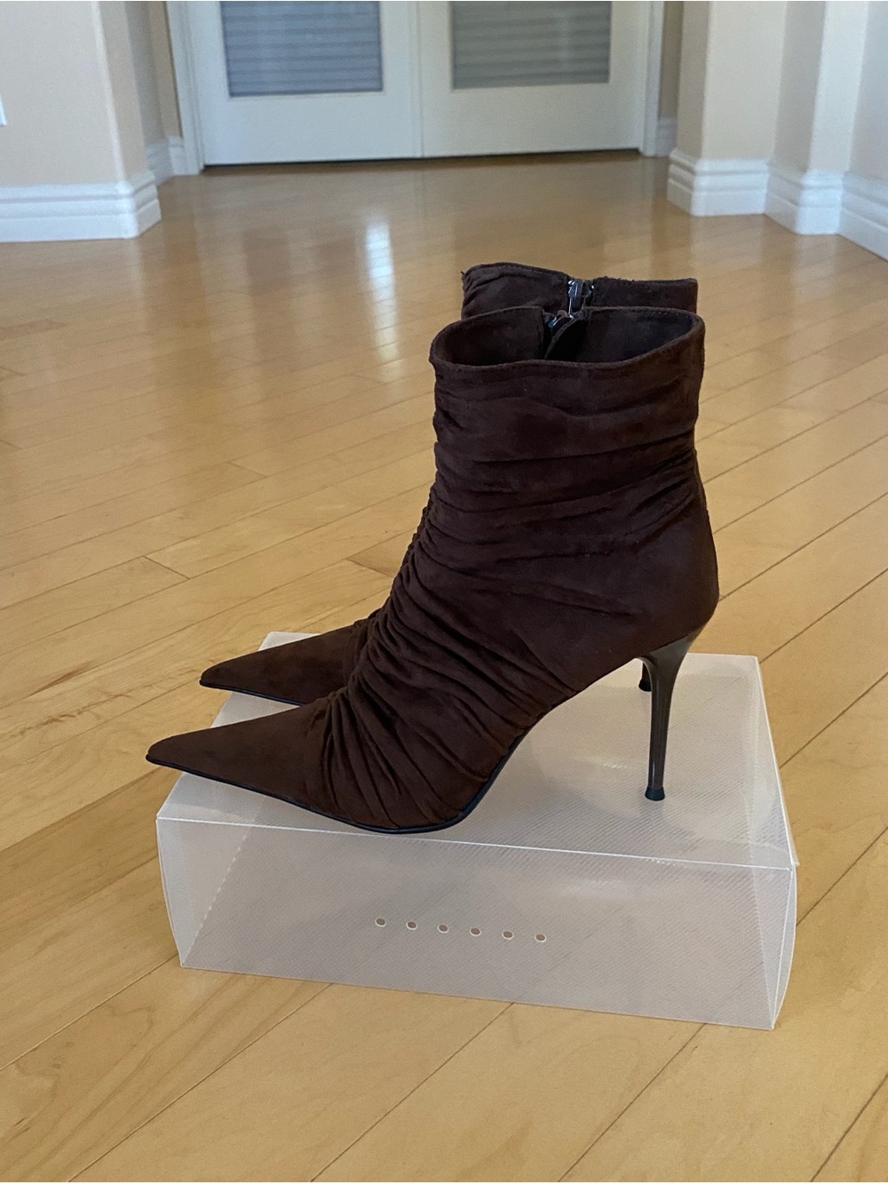 Jeffrey Campbell Let's Go Pointed Toe Ruched Ankle Boots - Dark Brown